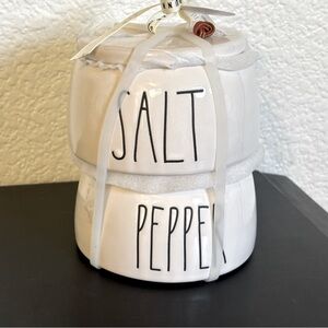 RAE DUNN White Black SALT & PEPPER Stacker Set With Spoons Farmhouse NEW